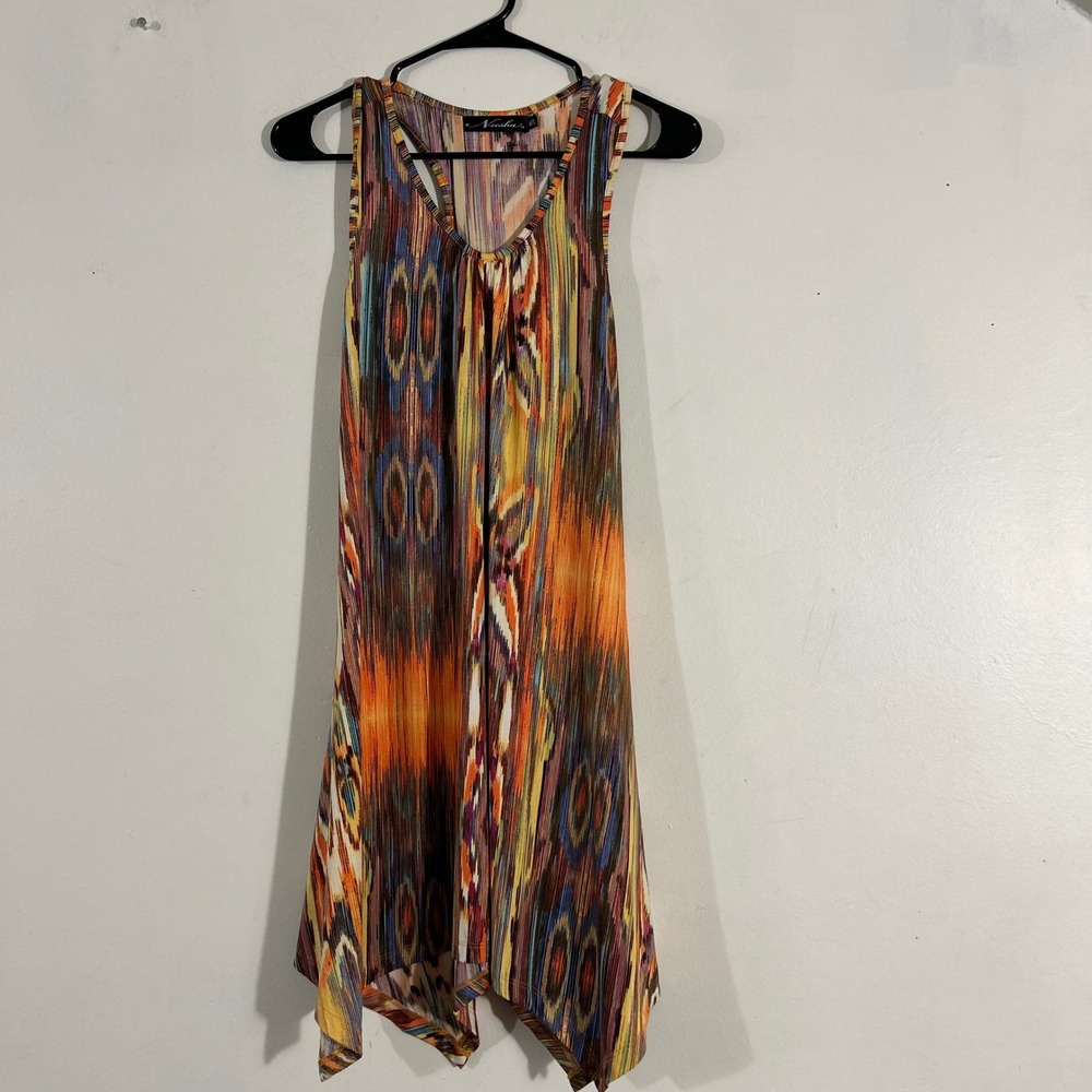 Neesha Tunic Top Womens M/L Multicolor  Sharkbite Hem Abstract Boho